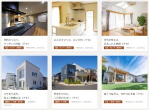 施工事例の一覧。写真と題名と所在地・竣工年が6件並ぶ