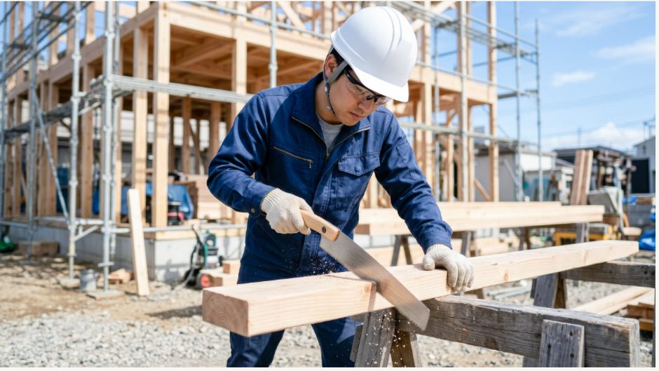 建築中の木造の骨組みの前で、ヘルメットと作業着の大工が木材をのこぎりで切っている