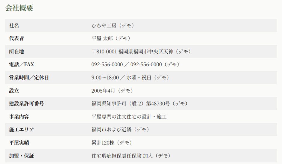 別の工務店デモサイトの会社概要の表。会社名・所在地・電話・営業時間・事業内容が同じ形で並んでいる