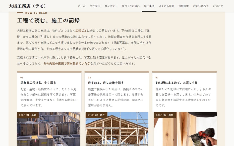 施工事例の一覧。工程で読むという説明と、撮り方の3つの決まり