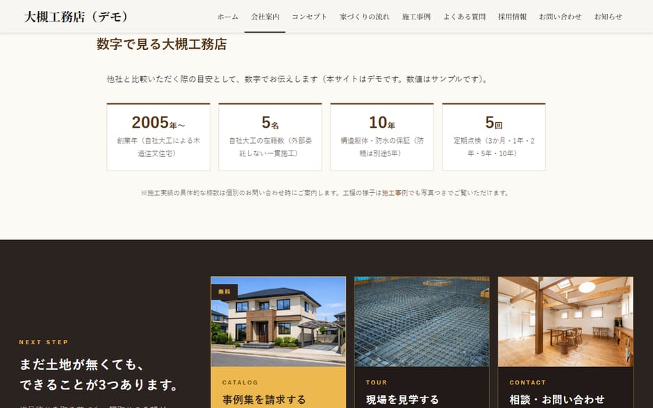 会社概要ページの数字の節。創業年・在籍人数・保証年数・定期点検の回数が4つ並ぶ