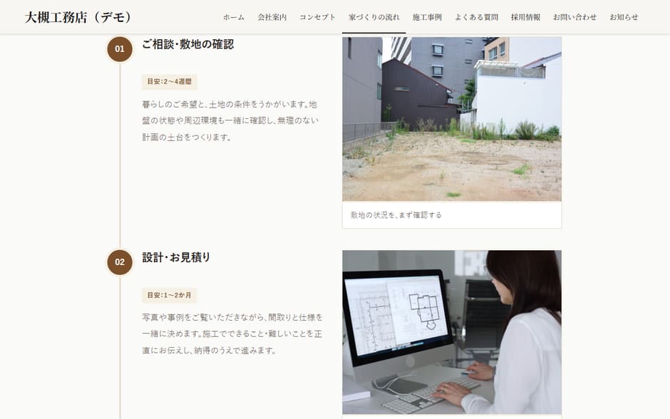 デモサイトの家づくりの流れのページ。段ごとに写真と目安の期間が並ぶ