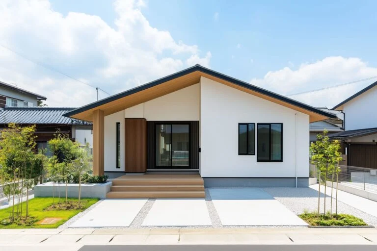 芝の庭と平屋の外観。夕方の明かり