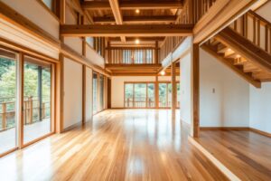 木の梁と床の明るい居間。大きな窓から光